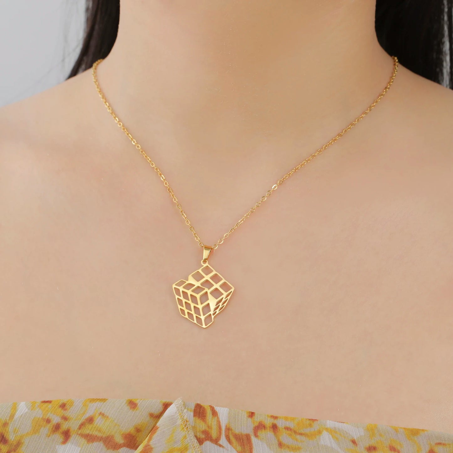 Unift Rubiks Cube Necklaces for Women Girl Stainless Steel Neck Chain Trendy Fashion Pyramid Geometric Jewelry Puzzle Gamer Gift