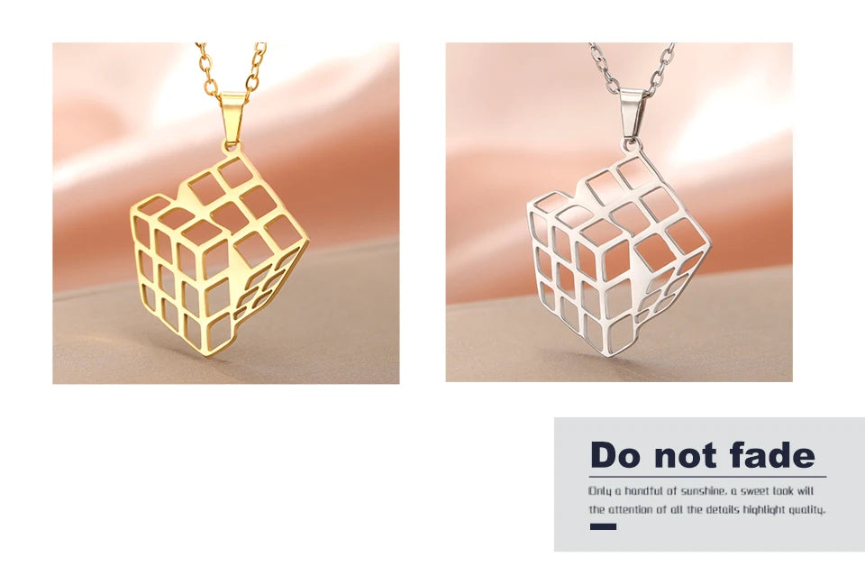 Unift Rubiks Cube Necklaces for Women Girl Stainless Steel Neck Chain Trendy Fashion Pyramid Geometric Jewelry Puzzle Gamer Gift