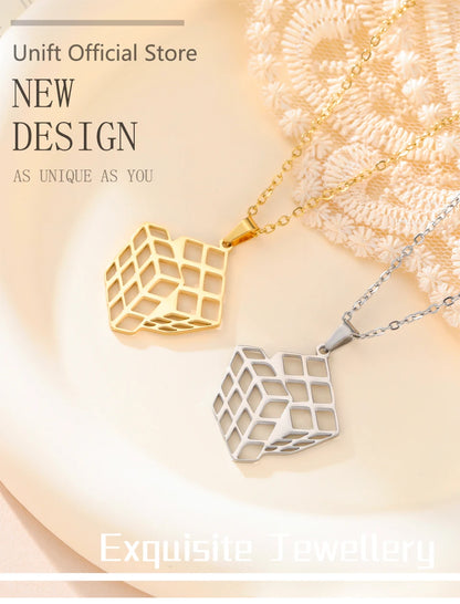 Unift Rubiks Cube Necklaces for Women Girl Stainless Steel Neck Chain Trendy Fashion Pyramid Geometric Jewelry Puzzle Gamer Gift