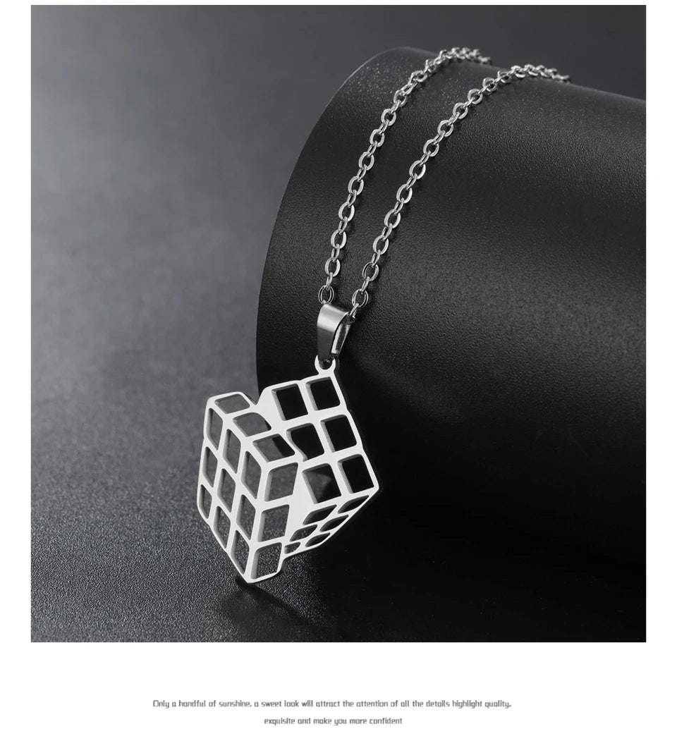 Unift Rubiks Cube Necklaces for Women Girl Stainless Steel Neck Chain Trendy Fashion Pyramid Geometric Jewelry Puzzle Gamer Gift