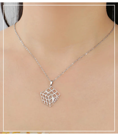 Unift Rubiks Cube Necklaces for Women Girl Stainless Steel Neck Chain Trendy Fashion Pyramid Geometric Jewelry Puzzle Gamer Gift