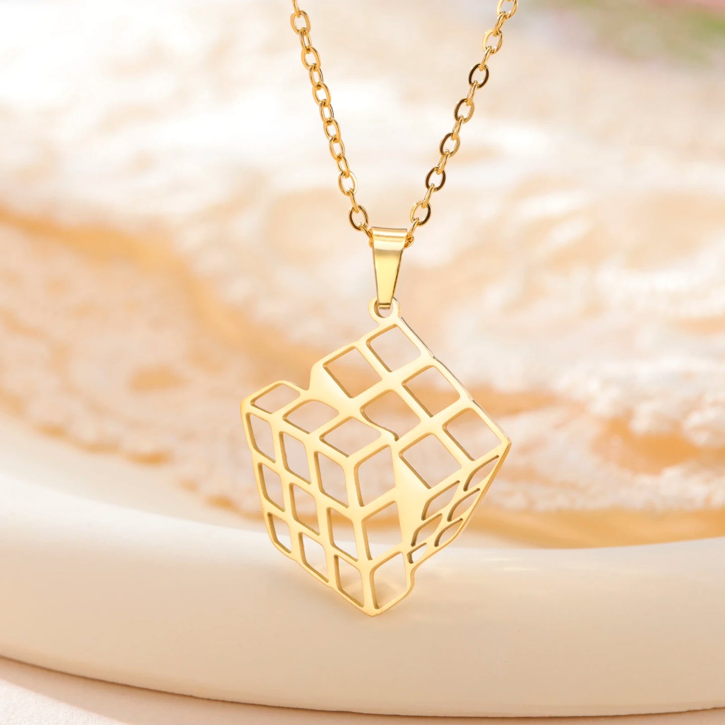 Unift Rubiks Cube Necklaces for Women Girl Stainless Steel Neck Chain Trendy Fashion Pyramid Geometric Jewelry Puzzle Gamer Gift