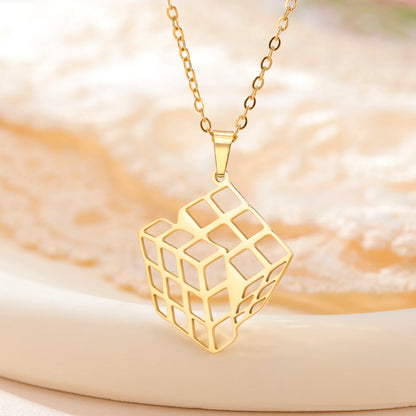 Unift Rubiks Cube Necklaces for Women Girl Stainless Steel Neck Chain Trendy Fashion Pyramid Geometric Jewelry Puzzle Gamer Gift