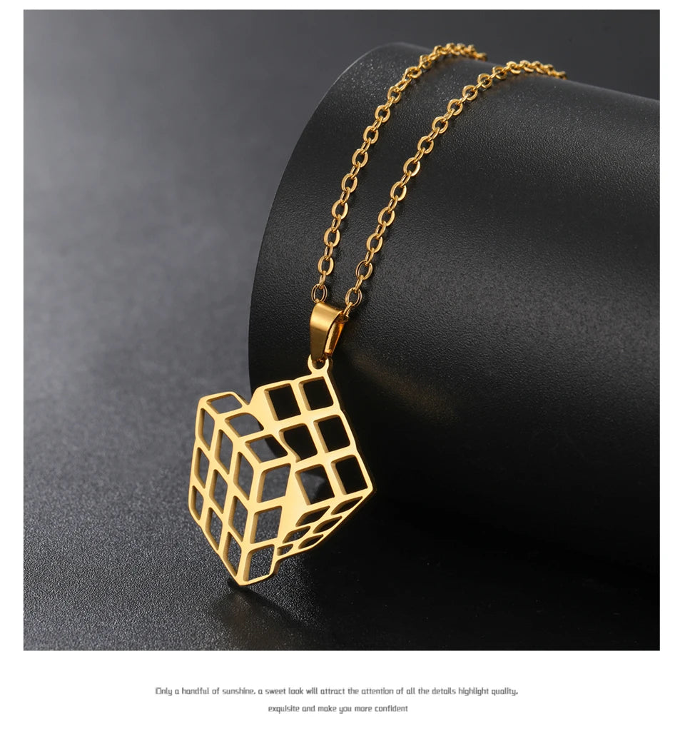 Unift Rubiks Cube Necklaces for Women Girl Stainless Steel Neck Chain Trendy Fashion Pyramid Geometric Jewelry Puzzle Gamer Gift