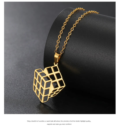 Unift Rubiks Cube Necklaces for Women Girl Stainless Steel Neck Chain Trendy Fashion Pyramid Geometric Jewelry Puzzle Gamer Gift