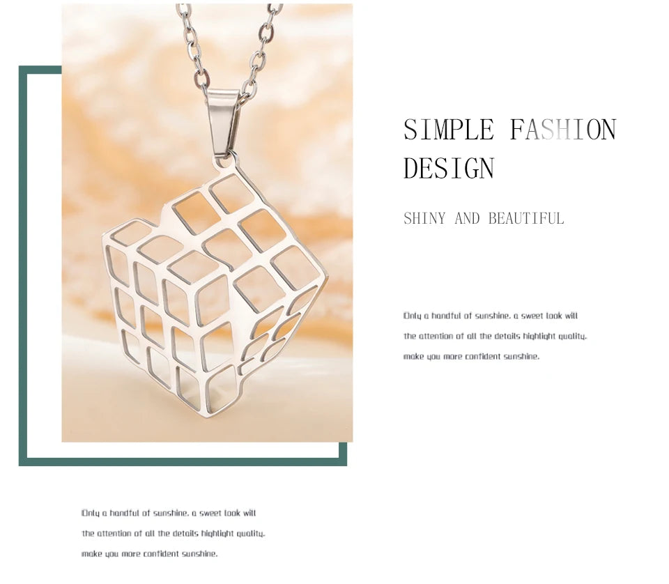 Unift Rubiks Cube Necklaces for Women Girl Stainless Steel Neck Chain Trendy Fashion Pyramid Geometric Jewelry Puzzle Gamer Gift