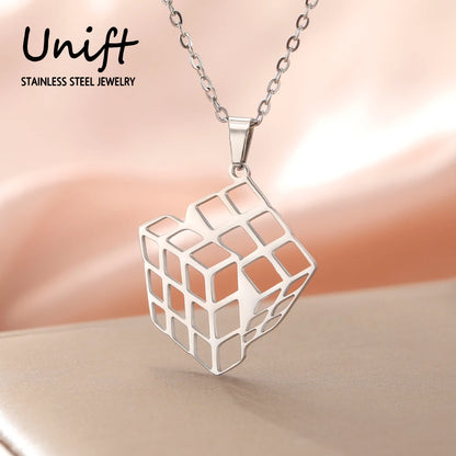 Unift Rubiks Cube Necklaces for Women Girl Stainless Steel Neck Chain Trendy Fashion Pyramid Geometric Jewelry Puzzle Gamer Gift